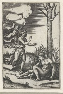 Uomo addormentato e ninfa inseguiti da Amore da Marcantonio Raimondi