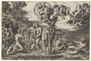 Il Giudizio di Paride: seduto a sinistra con Venere, Giunone e Pallade Atena, in alto una vittoria alata, 1510-20 circa (incisione) da Marcantonio Raimondi