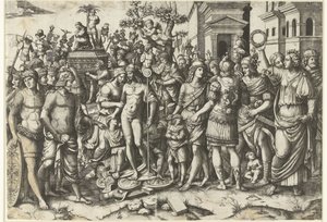 Trionfo di un imperatore romano con soldati e armature catturate da Marcantonio Raimondi