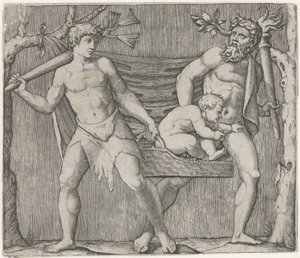 Due fauni portano un bambino in un cesto da Marcantonio Raimondi