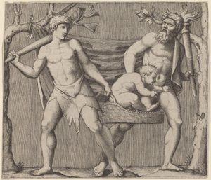 Due fauni che portano un bambino da Marcantonio Raimondi
