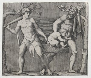 Due fauni che portano un bambino in un cesto da Marcantonio Raimondi