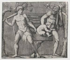 Due fauni che portano un bambino in un cesto, c. 1513-1515 da Marcantonio Raimondi