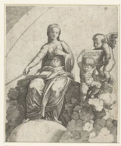 Donna con libro e scettro come personificazione della Filosofia seduta su nuvole con accanto due putti