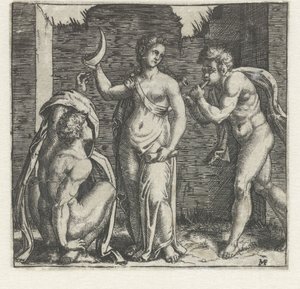 Donna con mezzaluna affiancata da fauno che soffia nel corno e uomo accovacciato da Marcantonio Raimondi