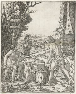 Vulcano forgia frecce e ali per Amore in presenza di Venere da Marcantonio Raimondi