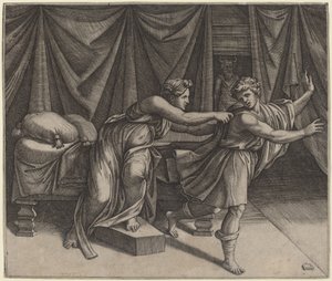 Giuseppe e la moglie di Potifar da Marcantonio Raimondi after Raphael