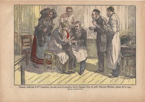 Pasteur, assistito dal Dr. Grancher, inoculò per la prima volta il famoso virus nel piccolo maestro alsaziano, infettato dalla rabbia., Le Pèlerin, 5/11/1922