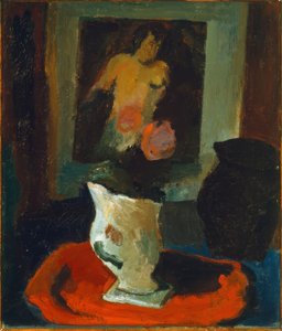 Nudo, vaso bianco e tappeto rosso