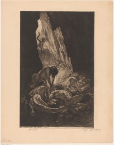 Interno di una grotta oscura con creature che divorano un uomo nudo da Marcel Roux (signed by artist)
