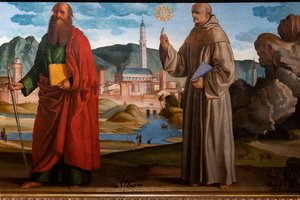 San Francesco riceve le stimmate tra Santa Chiara e Pietro, il beato Bartolomeo di Breganze, e San Paolo e Bernardino, dettaglio da Marcello Fogolino