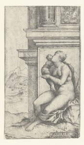 Donna con bambino seduta presso un edificio classico