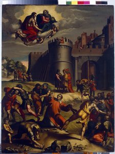 Il martirio di Santo Stefano. Primo diacono della cristianità, Stefano (martire nel 35), viene lapidato fuori dalla città di Gerusalemme e durante il suo supplizio assiste a un miracolo, Dio e Gesù Cristo appaiono