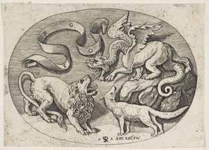 Un leone, un drago e una volpe che combattono tra loro, una banderuola iscritta sopra, un ovale, ca. 1515-27 da Marco Dente