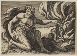 Un uomo inginocchiato che pone un ramo di alloro su un mucchio di libri in fiamme, ca. 1515-27 da Marco Dente
