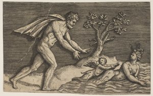 Un uomo nudo che insegue una naiade e un cupido nell