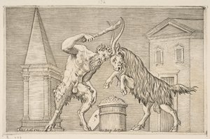 Un satiro e un ariete che si attaccano a vicenda, il satiro brandisce una clava con la mano destra, ca. 1515-27 da Marco Dente