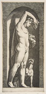 Bacco in piedi in una nicchia che tiene uva nella mano destra alzata, frutta nella sua..., ca. 1515-27 da Marco Dente
