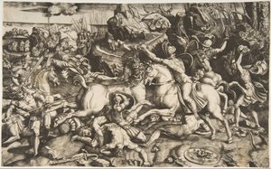 Scena di battaglia in un paesaggio con soldati a cavallo e diversi uomini caduti, ca. 1520 da Marco Dente