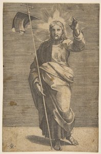Cristo in piedi rivolto in avanti, con una croce e un vessillo e alzando la mano sinistra