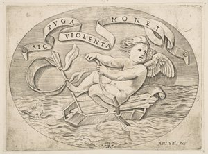 Eros che fugge via mare, Cupido usa il suo arco per spingere una barca fatta con la sua faretra, ca. 1515-27 da Marco Dente