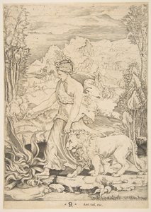 Fortezza in vista di profilo che cammina verso un fuoco a sinistra e conduce un leone imbrigliato, ca. 1515-27