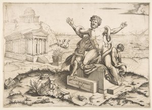 Laocoonte e i suoi due figli attaccati da serpenti su un piedistallo, un tempio a Minerva, ca. 1515-27