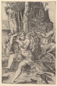 Pan che spia la ninfa Siringa seduta su una roccia, pettinandosi i capelli, ca. 1516-20