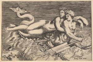 Speculum Romanae Magnificentiae: Un tritone che rapisce una ninfa, XVI secolo da Marco Dente