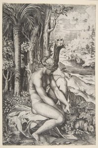 Venere che rimuove una spina dal piede sinistro mentre è seduta su un panno accanto agli alberi da Marco Dente