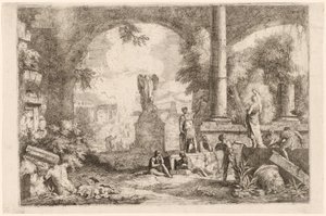 Capriccio di rovine antiche con uomini che osservano un oratore classico