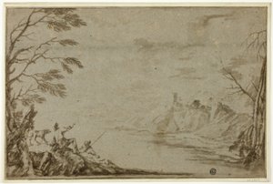 Cacciatori con cane accanto al fiume da Marco Ricci