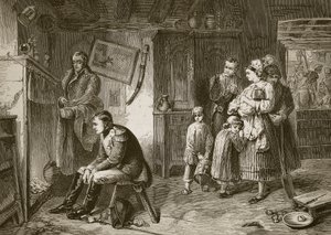 Napoleone cerca riposo in una casetta lungo la strada dopo la sua sconfitta a Waterloo, inciso da J.D. Cooper da Marcus Stone