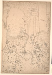 Bozzetto per il dipinto: Danimarca e Norvegia rendono omaggio a Chr. VI (bruciato con Christiansborg 1794) da Marcus Tuscher