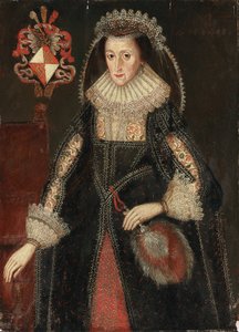 Ritratto di Lady Eleanor Dutton, a tre quarti di lunghezza, in abito elegante, in piedi accanto a una sedia con stemma della famiglia Dutton del Cheshire e del Gloucestershire