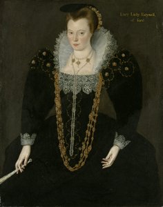 Ritratto di Lucy, Lady Reynell di Ford, a tre quarti, in un abito scuro con un colletto di pizzo bianco e collane d