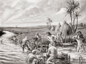 I primi coloni di Babilonia prosciugano le paludi costruendo una diga, da Hutchinson
