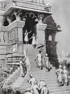 Kirtivarman Chandella visita il suo tempio a Khajurahu, 1065 d.C. (litografia) da Margaret (after) Dovaston