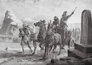 Tiglath-Pileser IV davanti alla cittadella di Turushpa (litografia) da Margaret (after) Dovaston