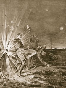 Una granata scoppia vicino al soldato Jackson, facendogli saltare il braccio mentre assiste al trasporto di un ferito (litografia) da Margaret Dovaston