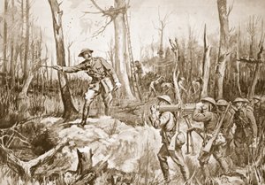 Il capitano (tenente colonnello temporaneo) R.B. Barker organizza le difese di un bosco (litografia)