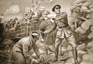 Il capitano Vickers tiene a bada il nemico mentre viene eretta una barriera alle sue spalle (litografia) da Margaret Dovaston