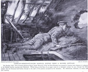 Il sergente maggiore della compagnia Barwick mentre cecchina da un cottage in rovina a Ghehuvelt ottobre 1914 (litografia) da Margaret Dovaston
