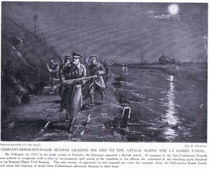 Il sergente maggiore della compagnia Seaman guida i suoi uomini lungo il canale di La Basse febbraio 1915 (litografia) da Margaret Dovaston