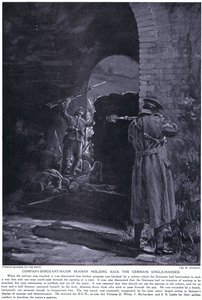 Il sergente maggiore della compagnia Seaman ha ricevuto una medaglia al valore per aver respinto con una sola mano un attacco tedesco nel febbraio del 1915 (litografia). da Margaret Dovaston