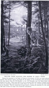 Il soldato Edom a caccia di cecchini a Chivy Wood, autunno 1914 (litografia)