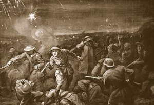 Il capitano temporaneo A.C.T. White alla testa di un contrattacco che scaccia il nemico da una ridotta (litografia) da Margaret Dovaston