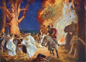 Il massacro dei druidi ad Anglesey da parte dei Romani nel 60 d.C., illustrazione da "Hutchinson