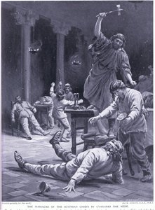 Il massacro dei capi sciti da parte di Ciassare il Mede (litografia)