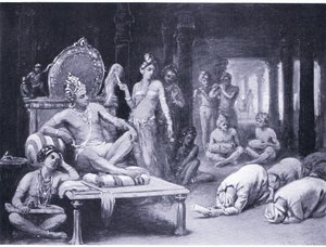 Vikramanka Chalukhya invia un messaggio amichevole a Kulottunga Chola (litografia) da Margaret Dovaston